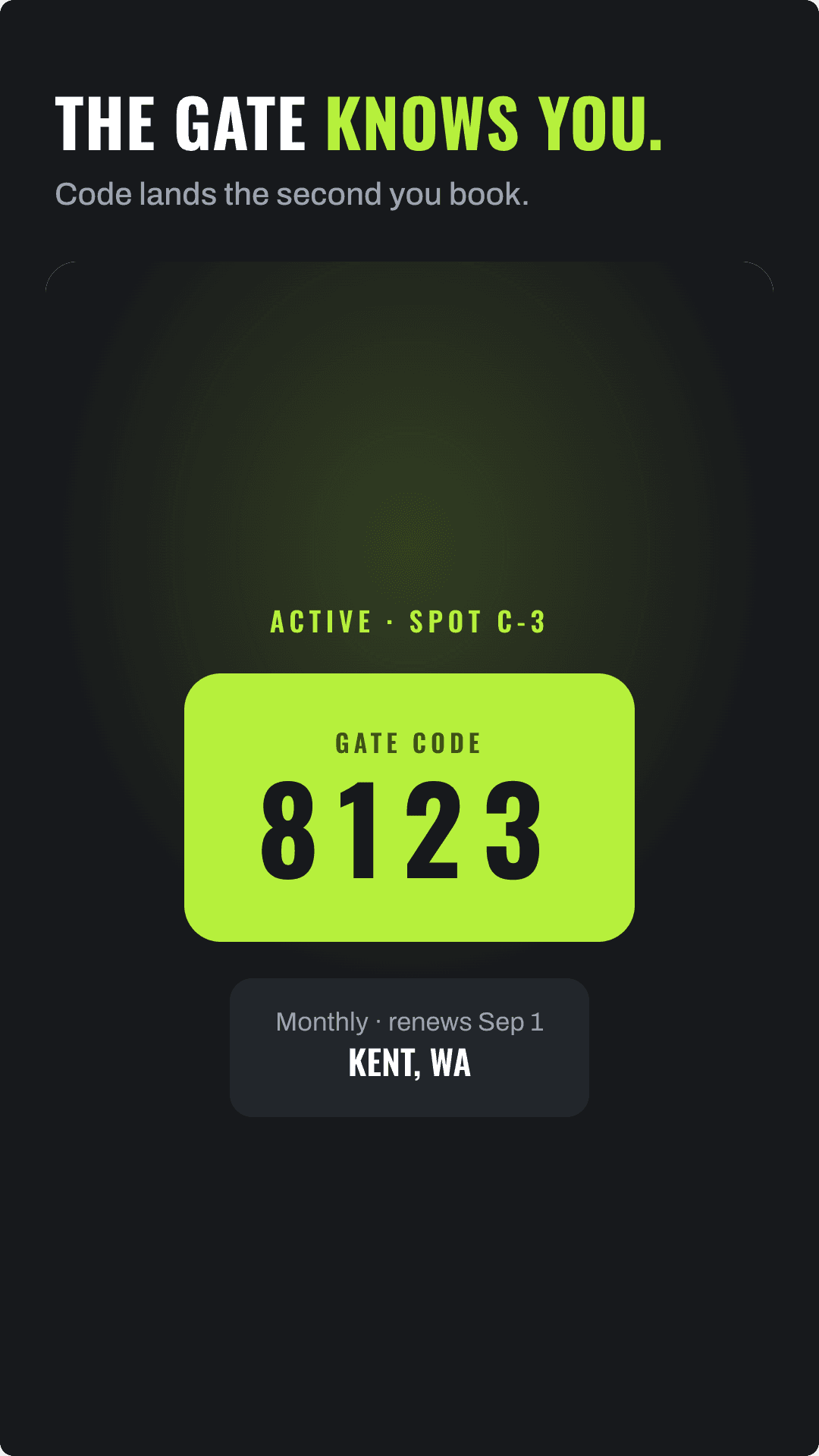 GateHog app showing a gate code for a confirmed booking