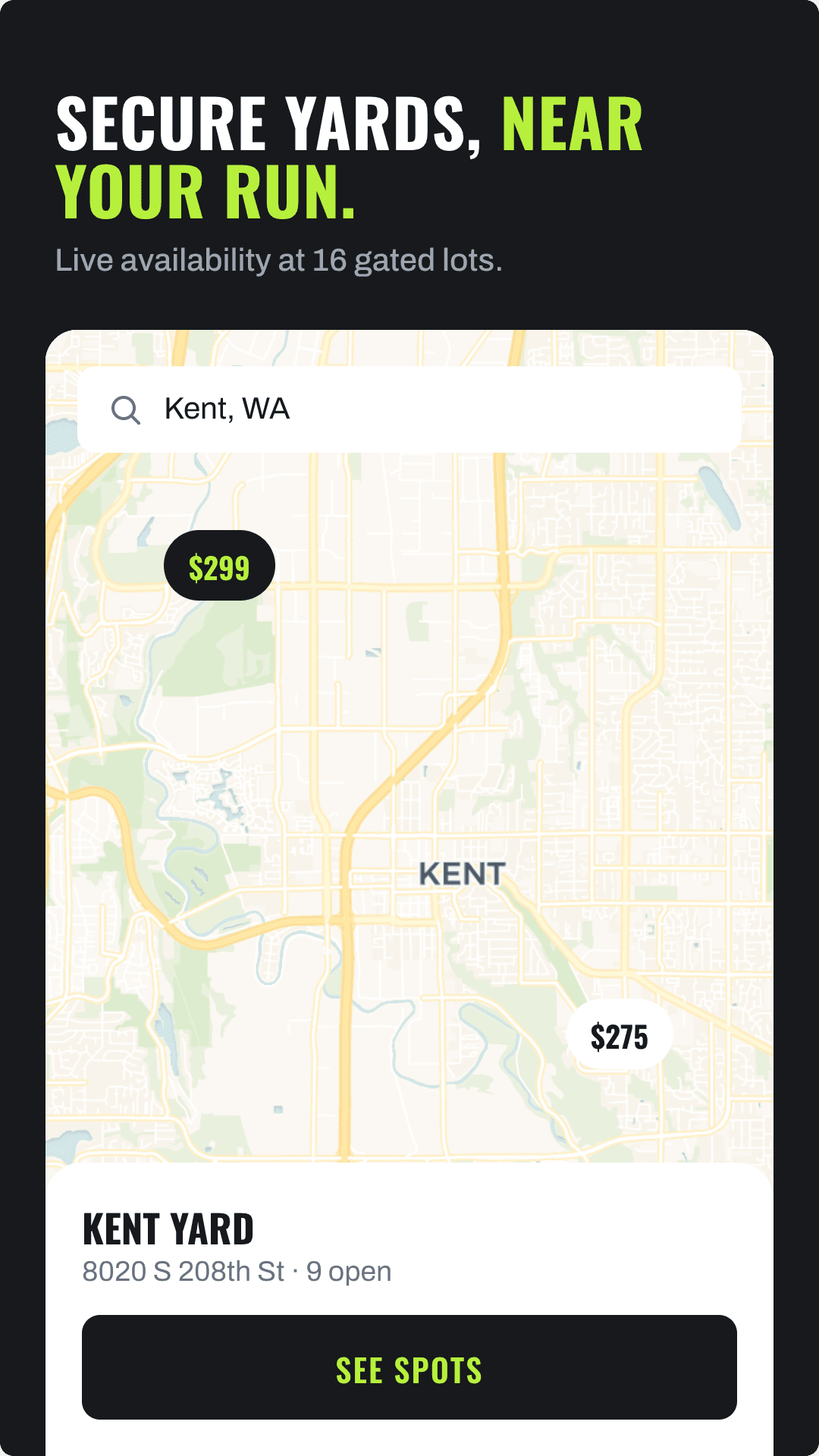 GateHog app showing secure yards near a route on a map, with nightly rates